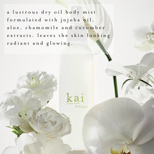 Kai Body Glow spray dispense demonstrates easy, fast-absorbing application for smooth skin.