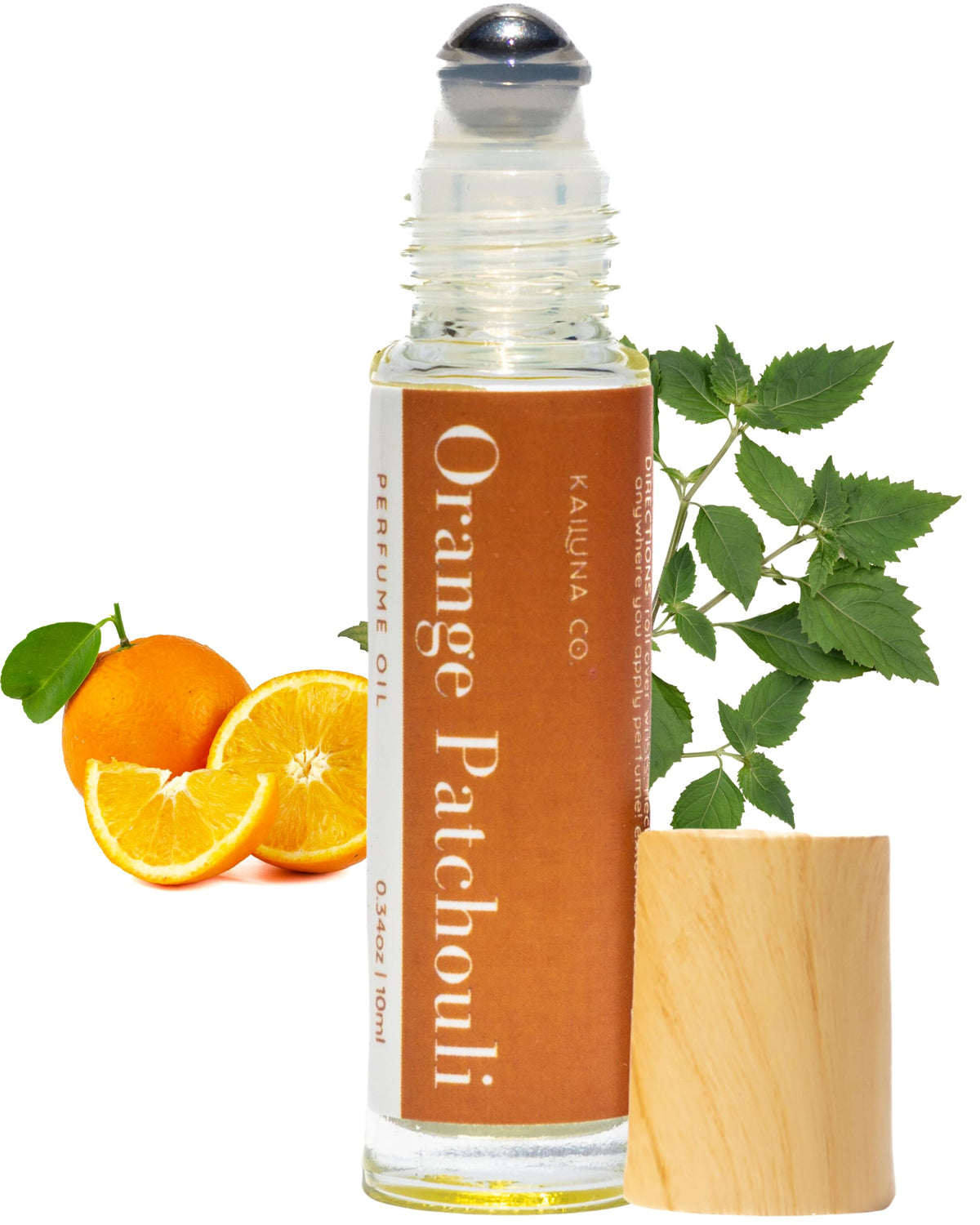 Kailuna Co. Orange Patchouli bottle top view highlights natural fragrance packaging