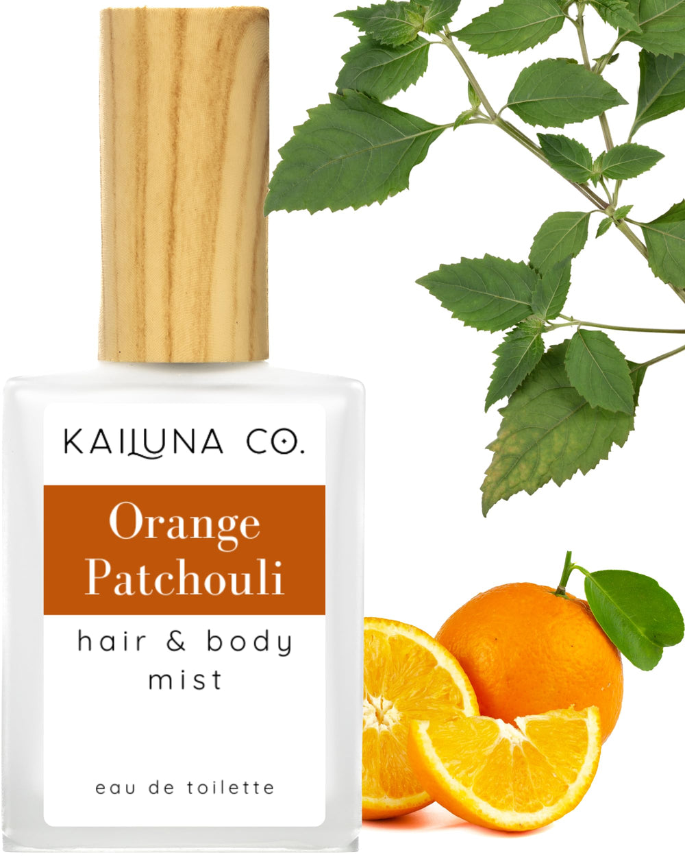 Kailuna Co. Orange Patchouli Mist bottle showcases a bright citrus aroma for daily refresh.