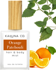 Kailuna Co. Orange Patchouli Mist bottle showcases a bright citrus aroma for daily refresh.