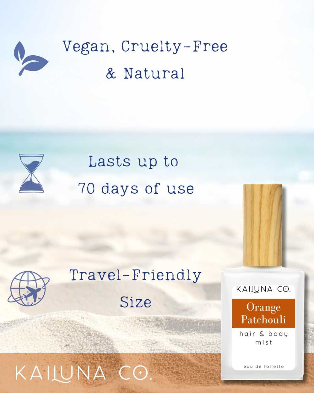 Kailuna Co. Orange Patchouli Mist ingredients close-up highlights plant-based, alcohol-free formula.