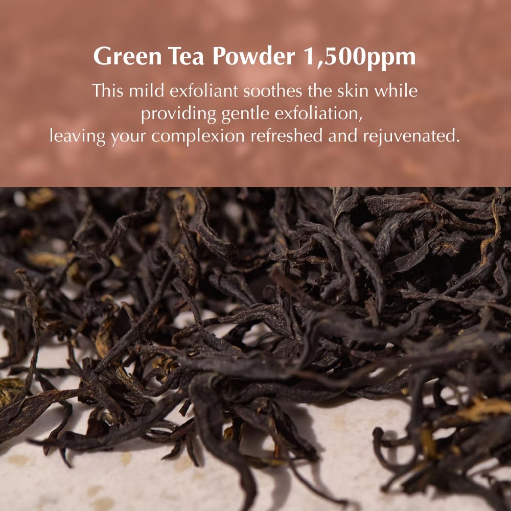 KAINE cleanser with green tea flakes highlighting gentle exfoliation and refreshment