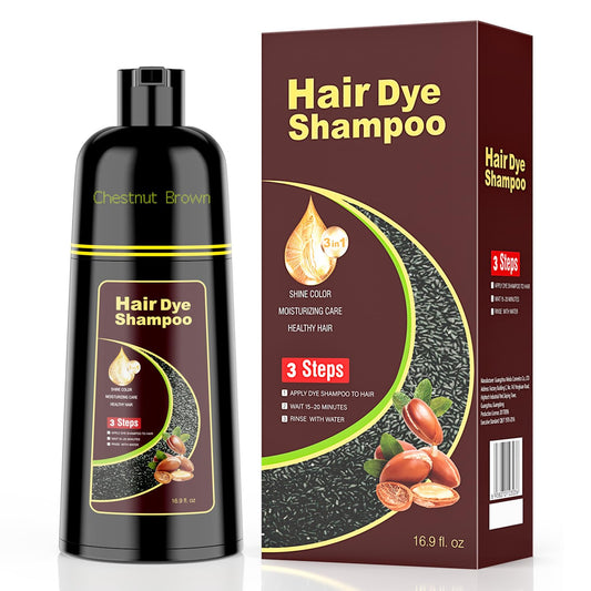 KAISASA Hair Dye Shampoo 3 in 1 bottle showing Chestnut Brown color for gray coverage.