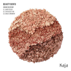 Kaja Bento Orange Blossom swatches reveal peach and orange shimmer tones for looks.