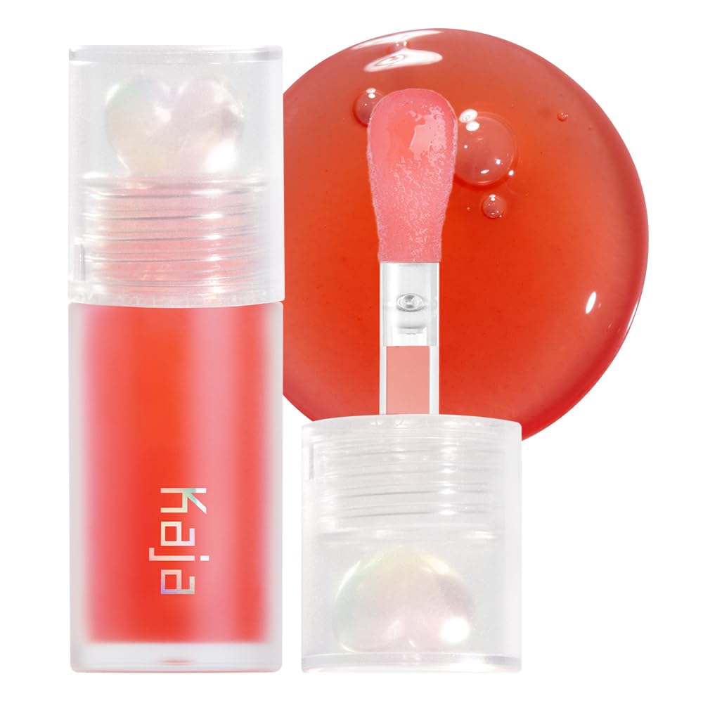 KAJA Juicy Glass Lip Oil Raspberry Refresher bottle showing hydrating shine and smooth finish.
