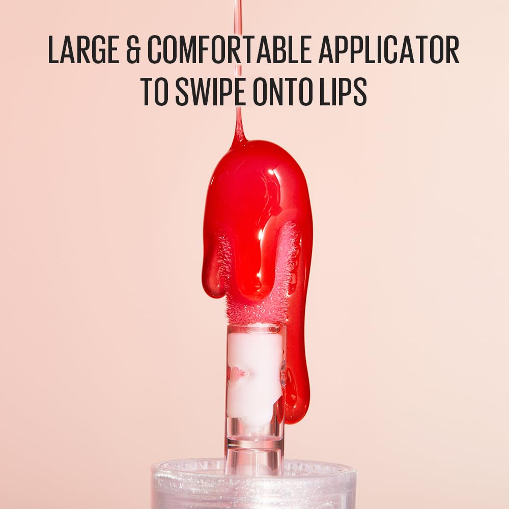 KAJA Juicy Glass Lip Oil Raspberry Refresher close-up texture showing lightweight feel.