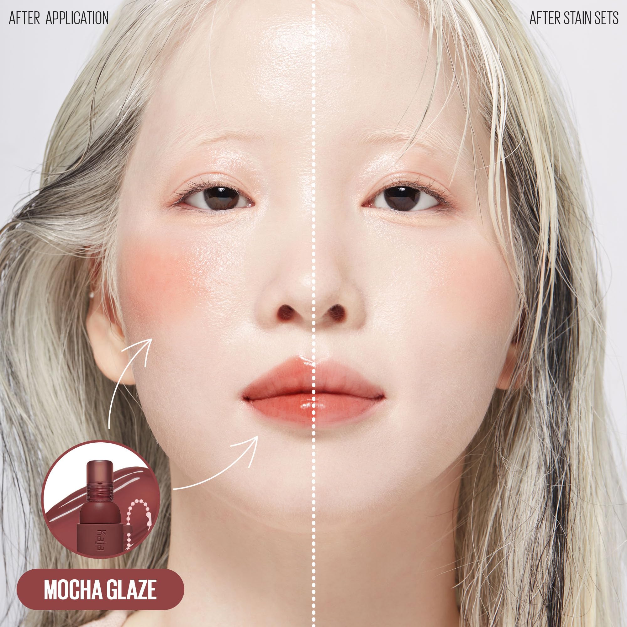 Kaja Jelly Charm 06 Mocha Glaze on lips for juicy color.