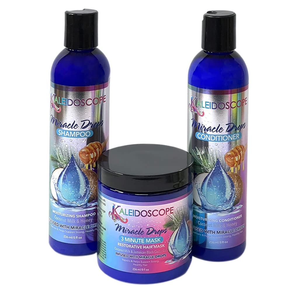 Kaleidoscope Miracle Drops Coconut Milk Shampoo bottle nourishes dry hair.