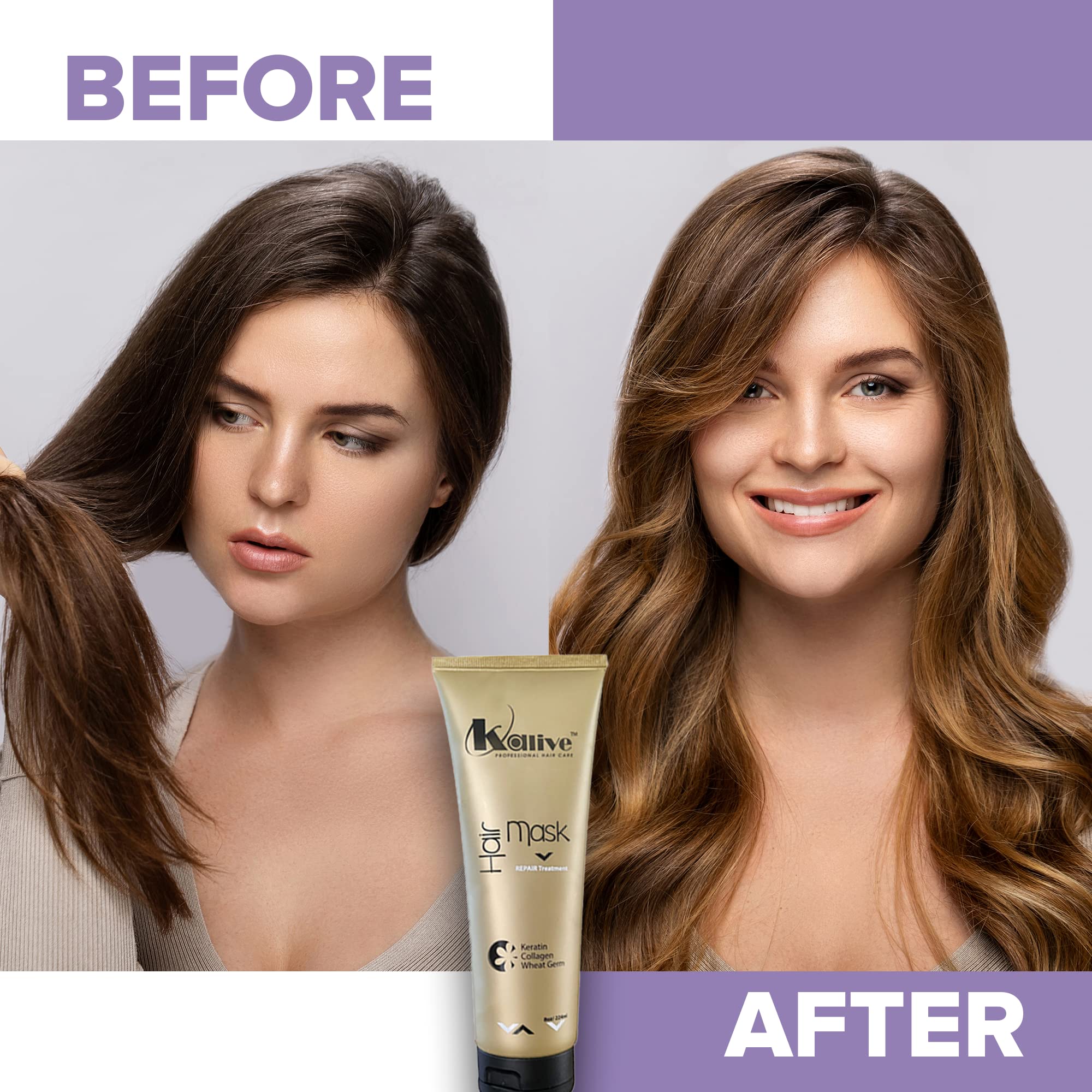 Frizz control and silky finish achieved with Kalive Hair Mask.