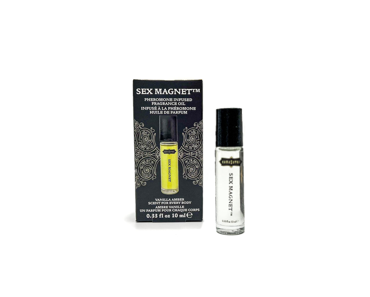KAMA SUTRA Roll-On Vanilla Amber bottle; pheromone-infused fragrance for versatile, unisex appeal.