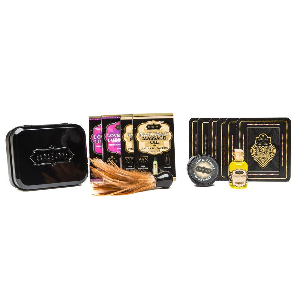 Kama Sutra Weekender Kit contents with Vanilla Creme-New, ready for on-the-go intimate moments.