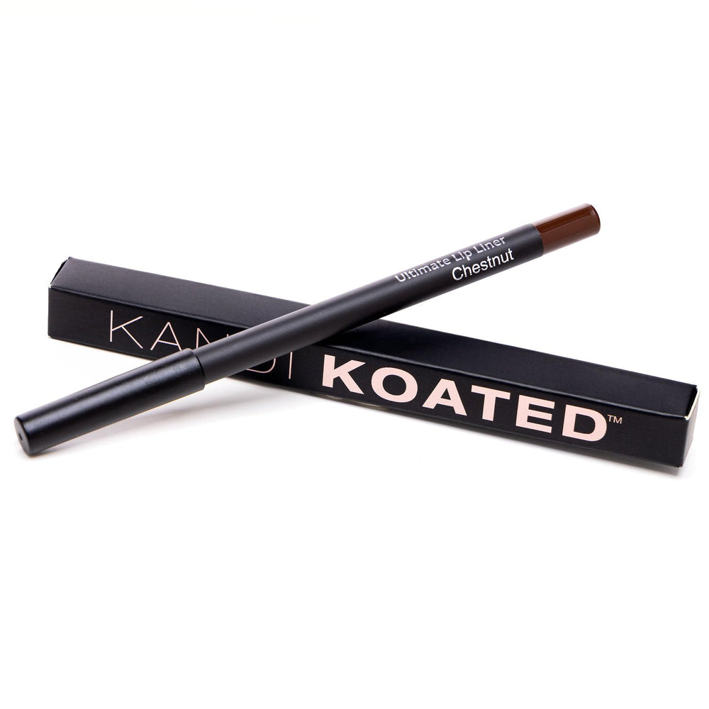 Kandi Koated Edge Lip Liner Chestnut packaging closeup emphasizes cruelty-free branding