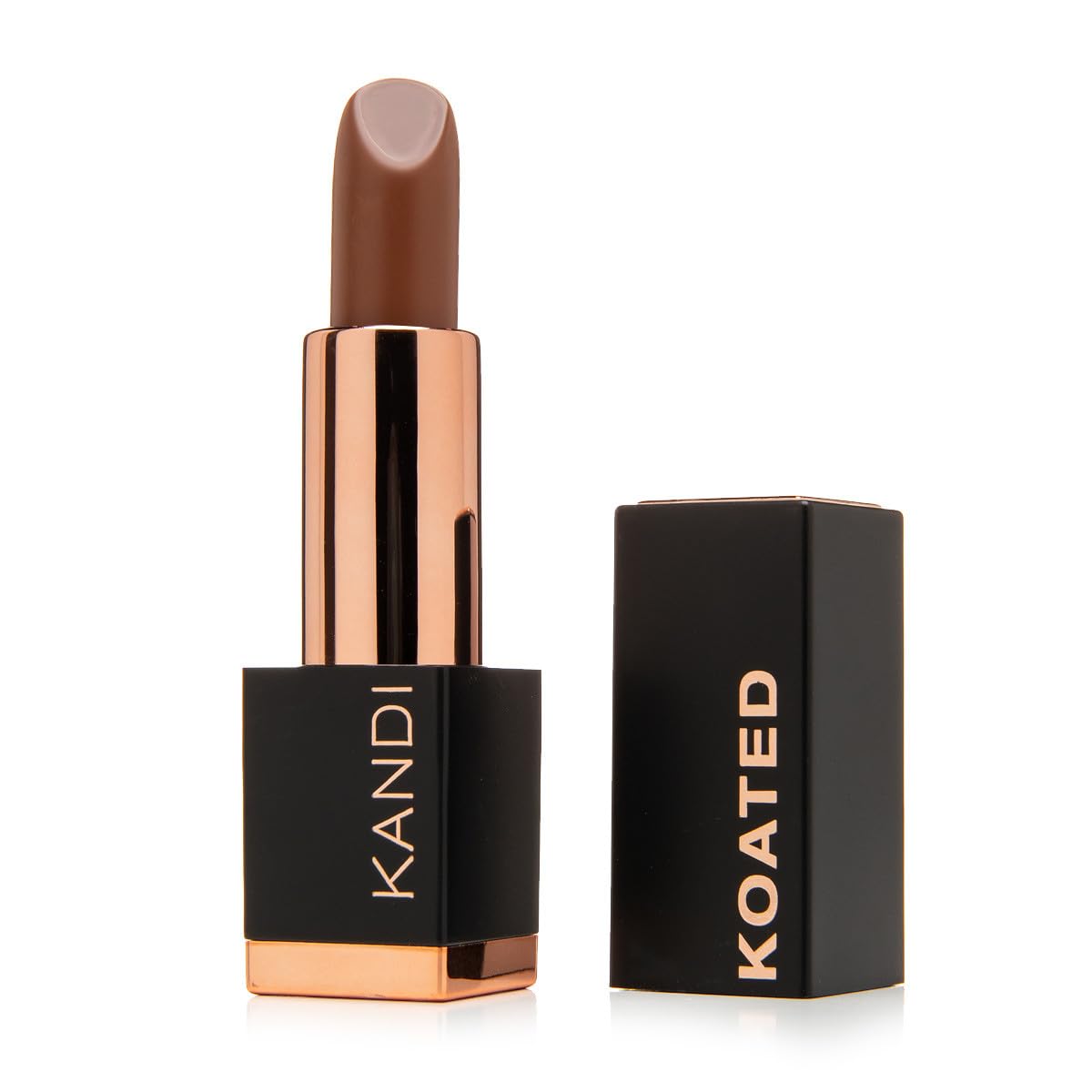 Kandi Koated Rich Cocoa lipstick tube close-up showing vibrant matte color