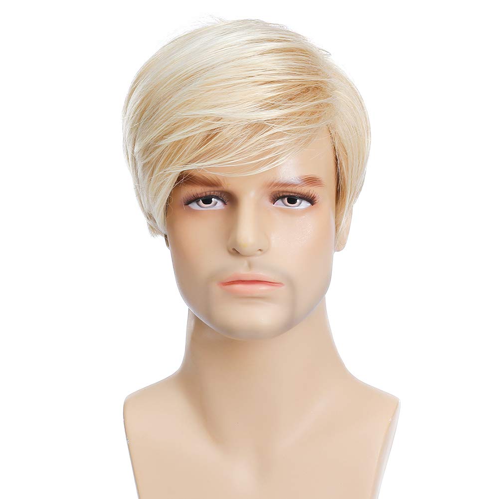 Kaneles men's blonde wig side view highlighting soft texture for costumes.