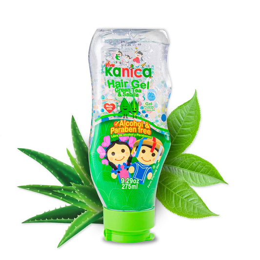 KANICA gel with green tea bottle provides gentle hold for kids' hair.
