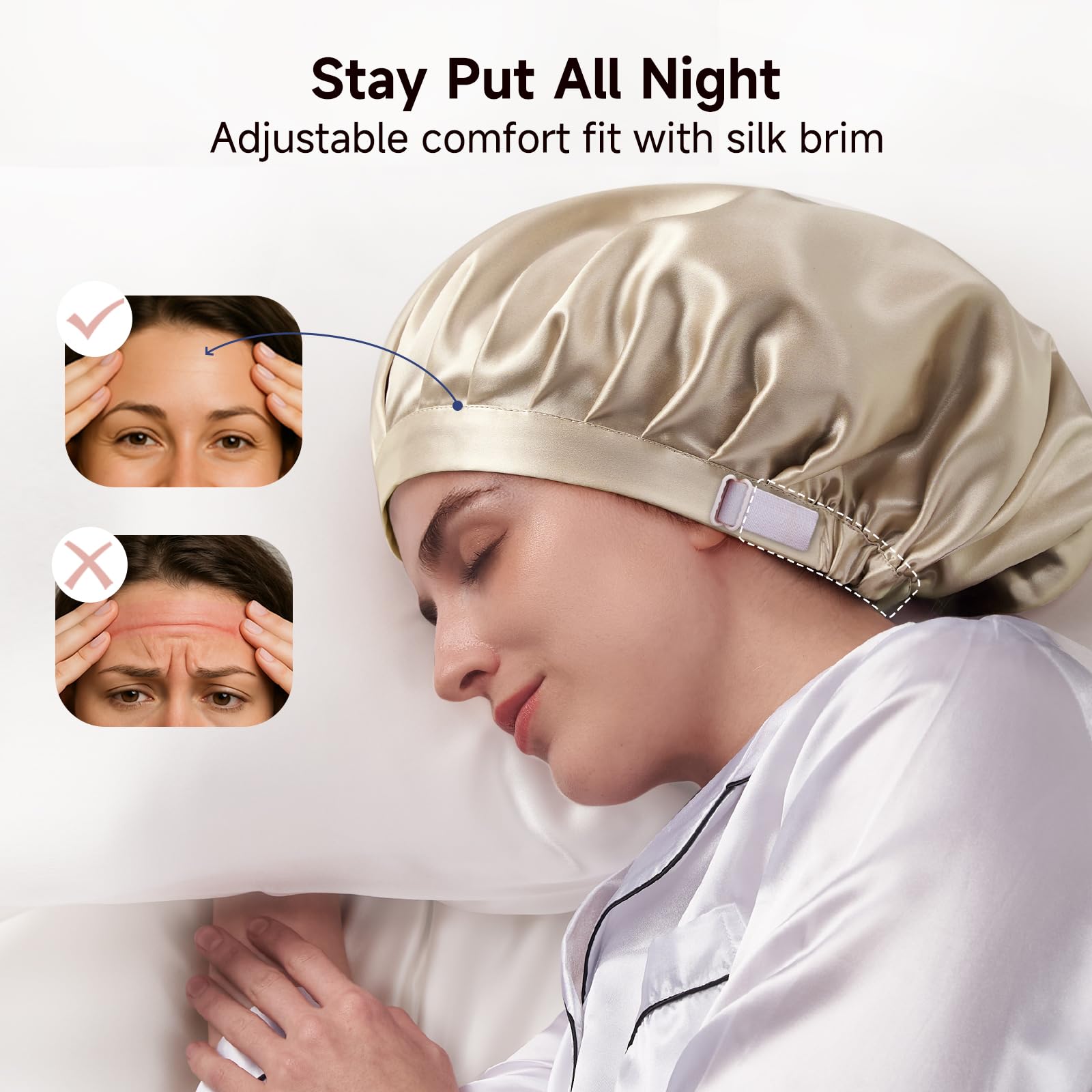 Kaome silk bonnet adjustable elastic band champagne secure fit