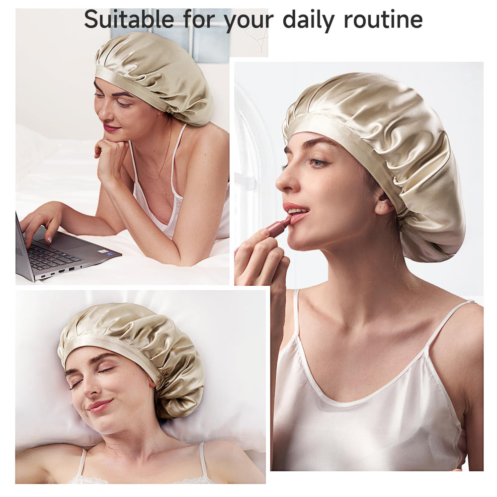 Kaome silk bonnet prevents bedhead in the morning champagne