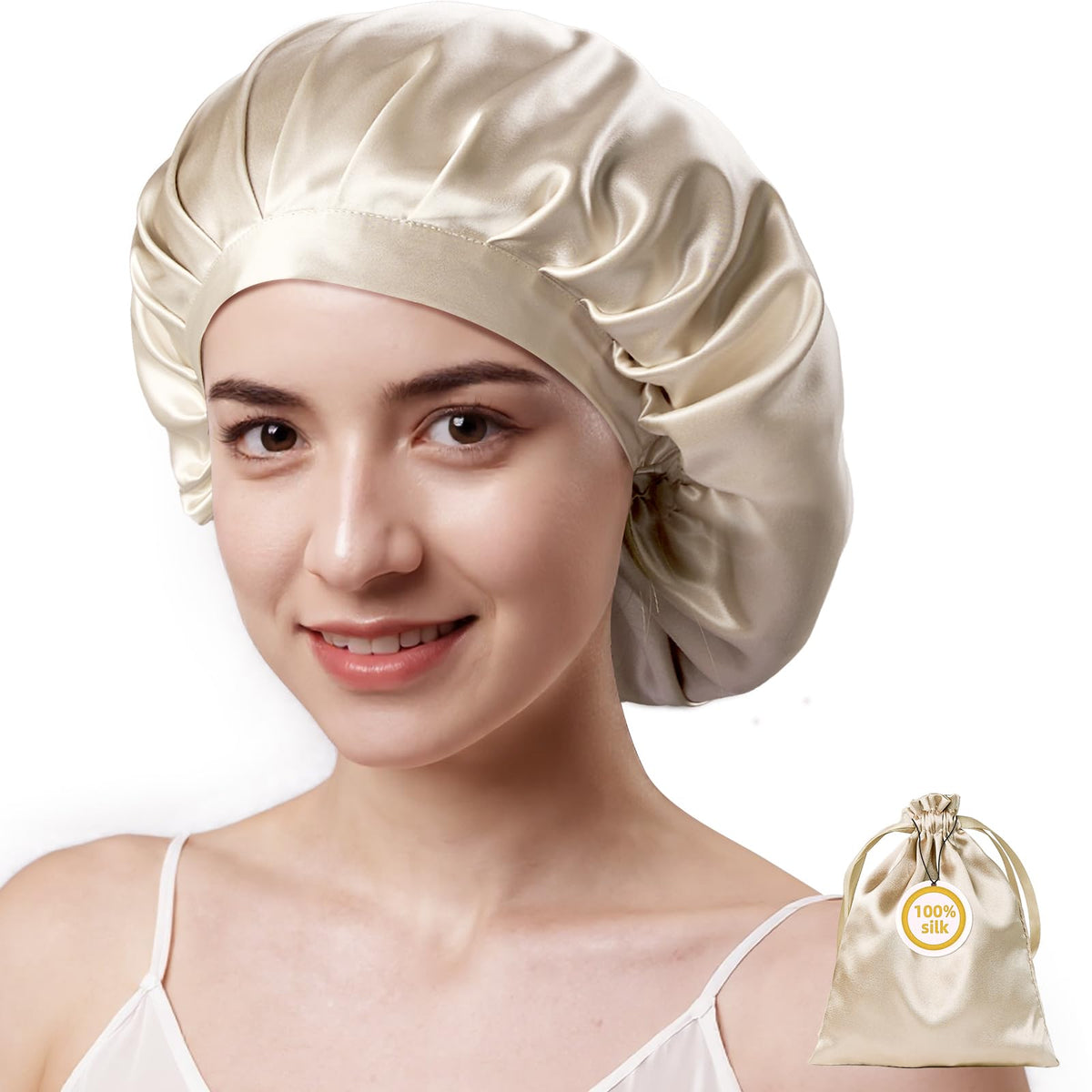 Kaome silk bonnet overnight champagne with 22 momme silk, comfortable overnight wear