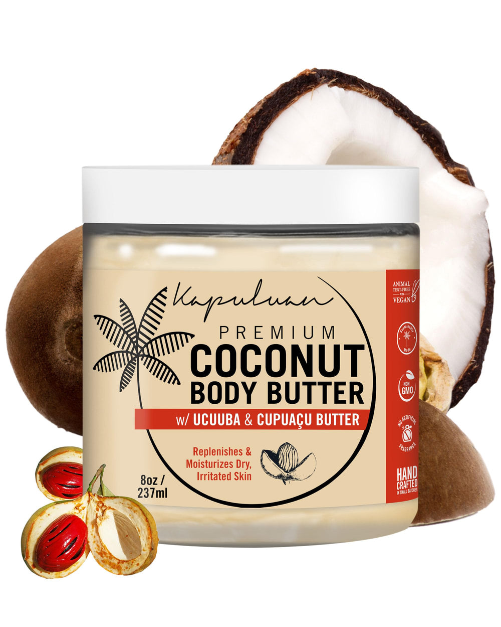 Kapuluan Coconut Body Butter jar closeup for rich hydration and silky skin.