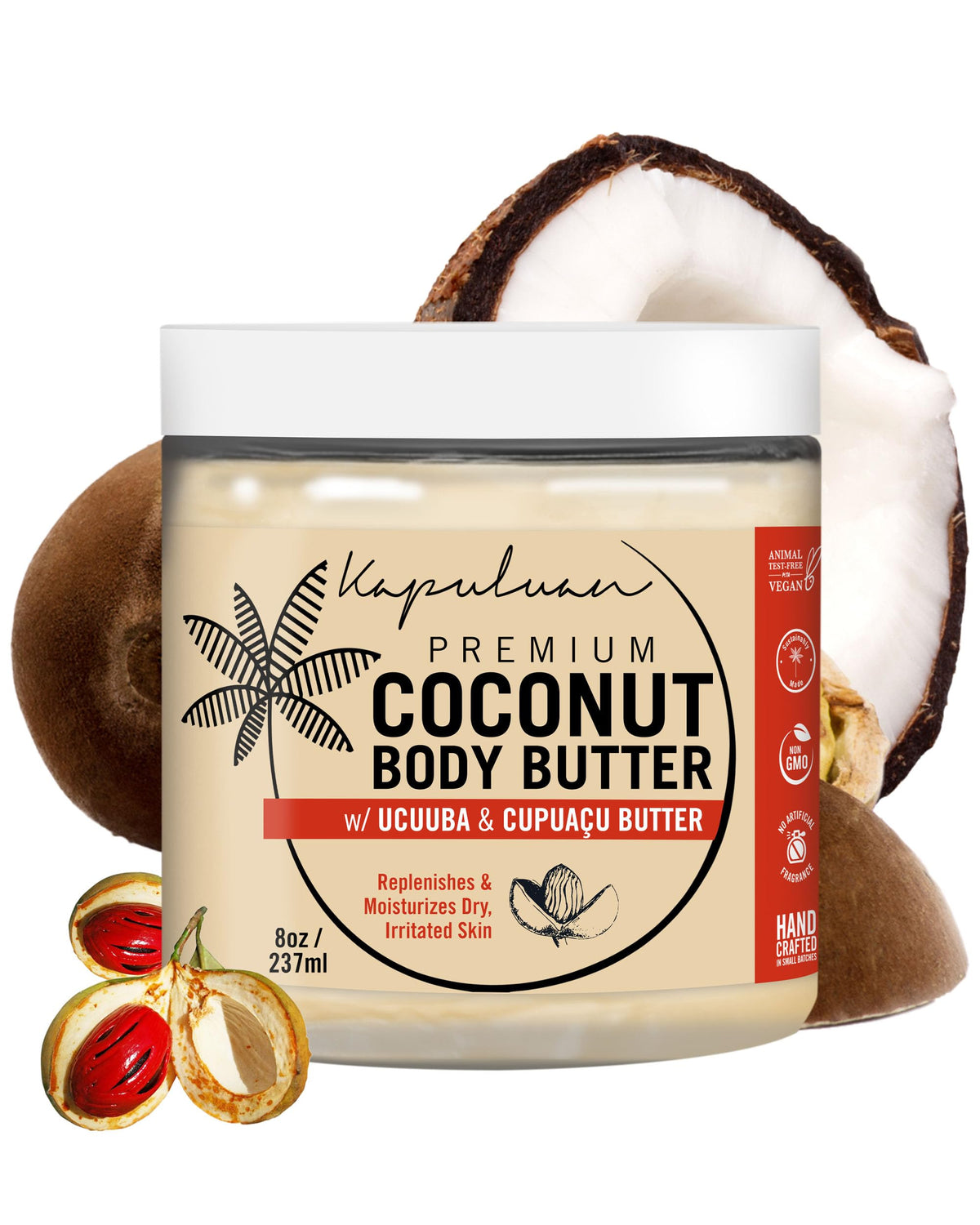 Kapuluan Coconut Body Butter jar closeup for rich hydration and silky skin.