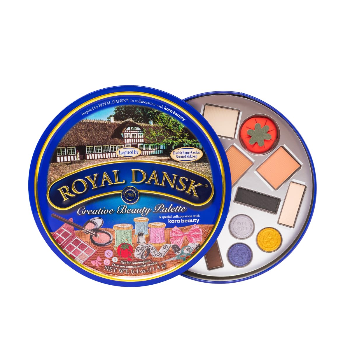 Kara Beauty Royal Dansk palette in a cookie tin opens, revealing versatile 14-shade arrangement