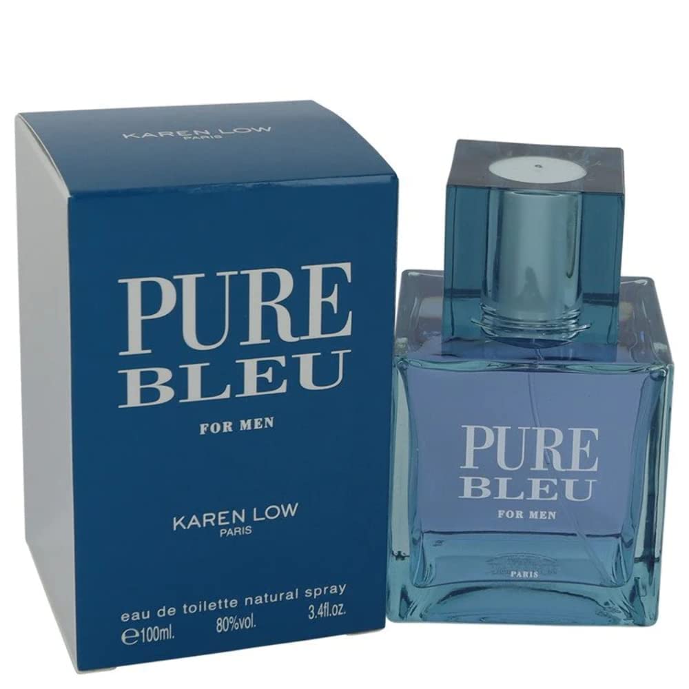 Karen Low Pure Blue bottle on display, clean masculine fragrance for daily wear.