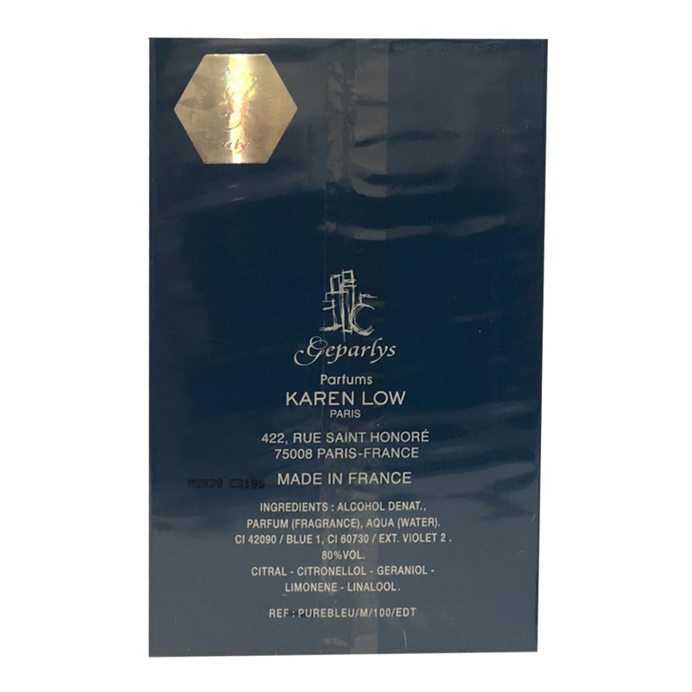 Karen Low Pure Blue packaging box front highlights brand-new packaging.