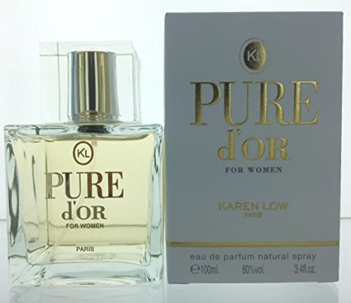 Karen Low Pure D'or bottle on vanity, long-lasting wearable scent for evenings.