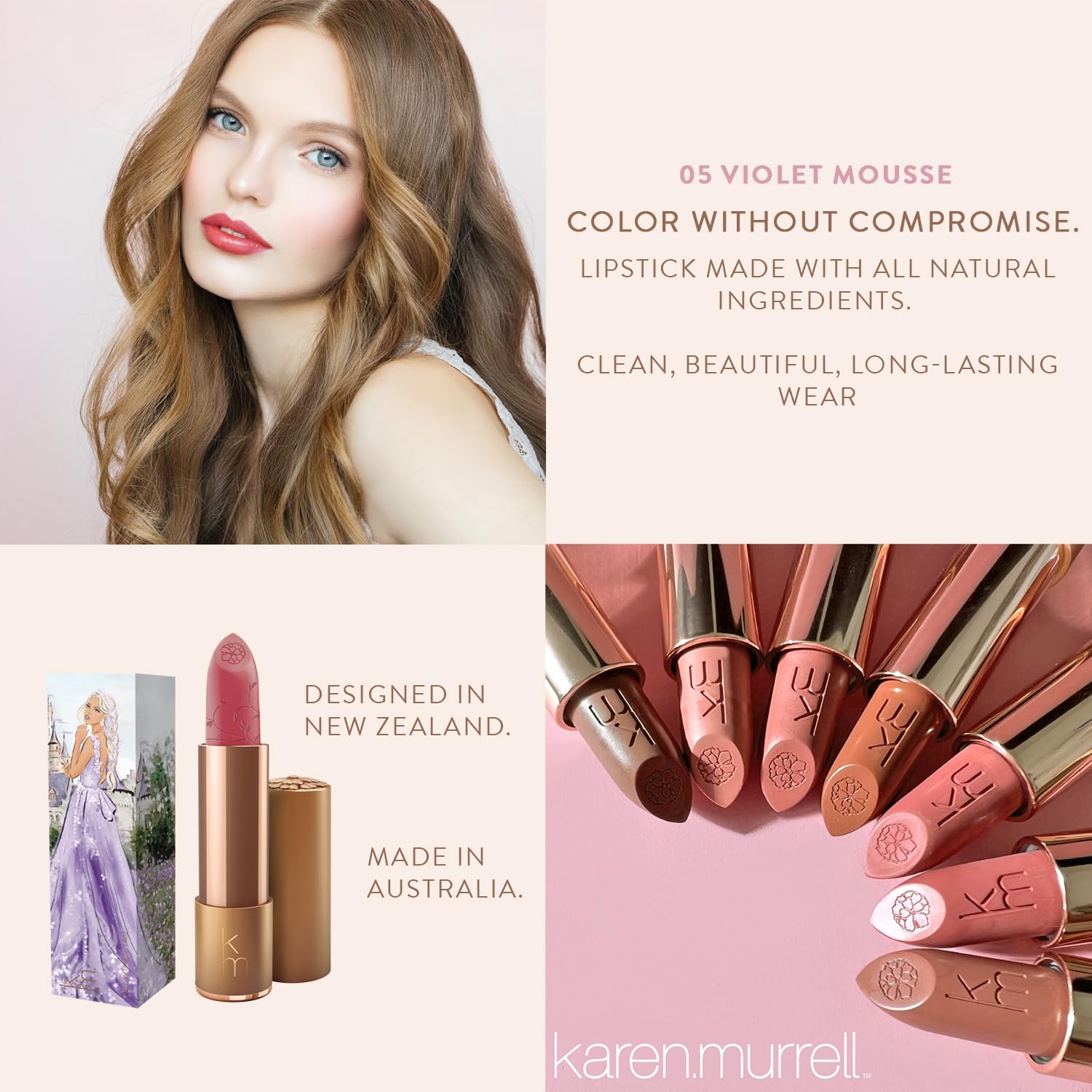 Karen Murrell Violet Mousse lip swatch on lips, ideal everyday nude shade.