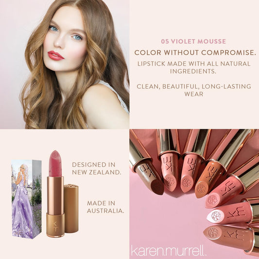 Karen Murrell Violet Mousse lip swatch on lips, ideal everyday nude shade.