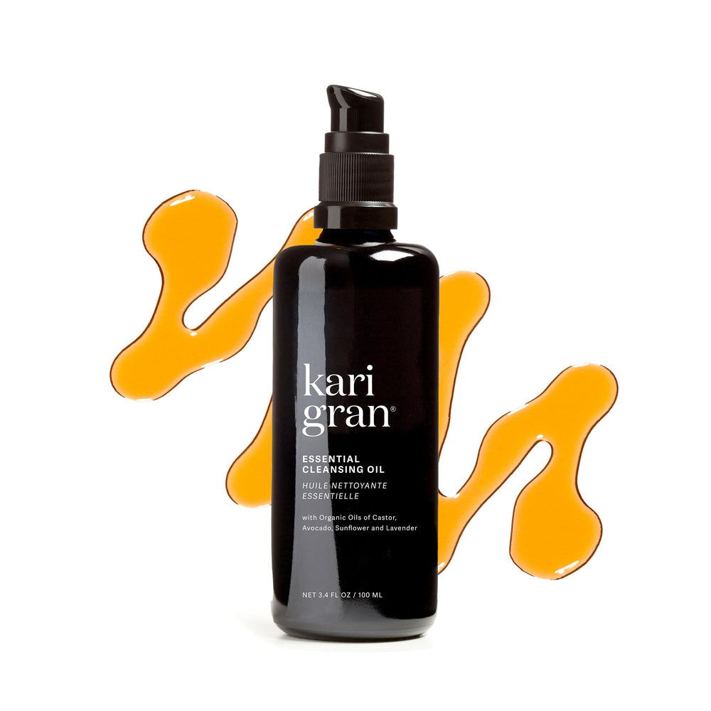 Kari Gran Essential Cleansing Oil bottle with pump for gentle makeup removal