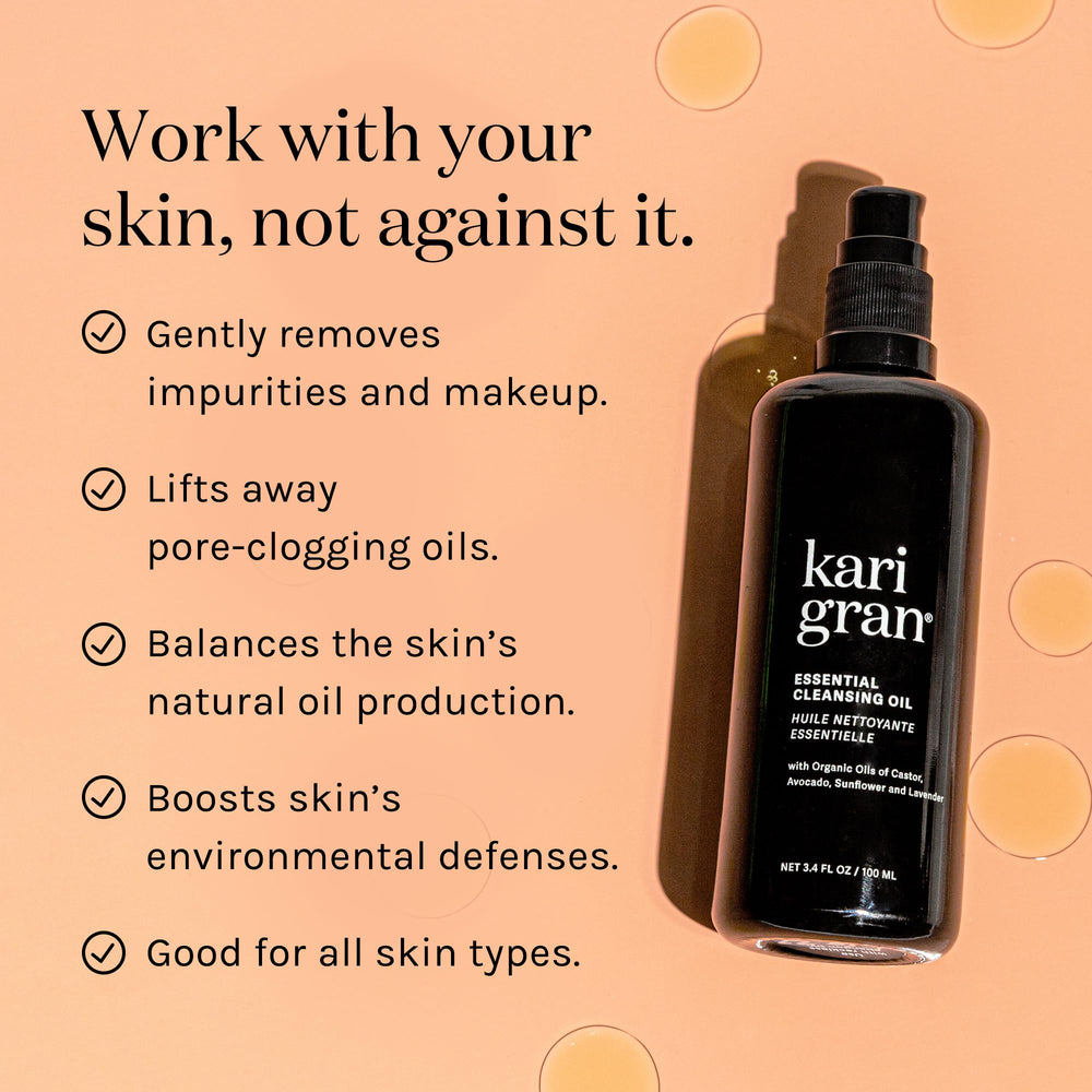Kari Gran Essential Cleansing Oil ingredients glow featuring castor, avocado, and sunflower oils