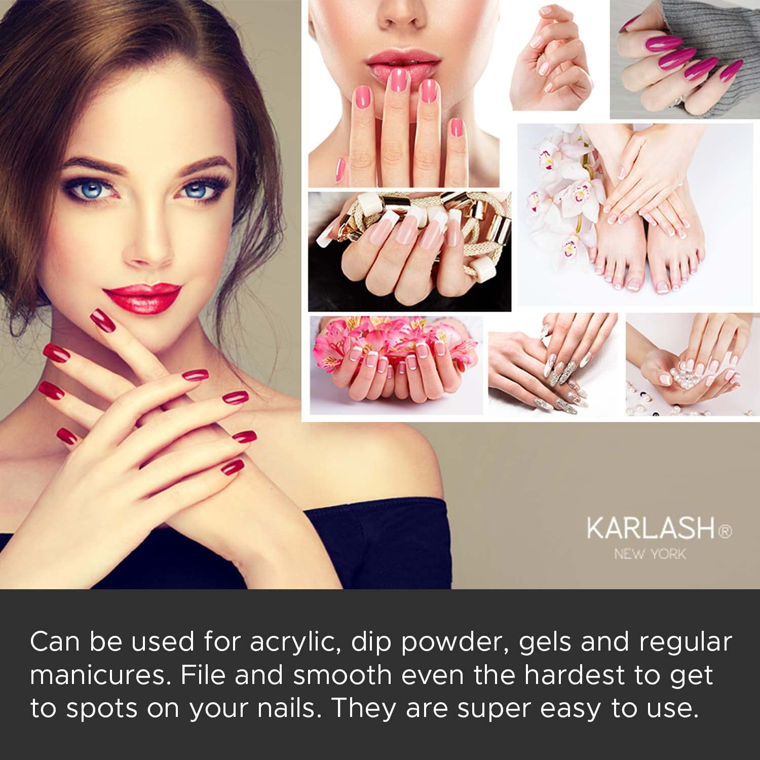 Karlash buffer block packaging shows 130-count box for at-home manicure readiness.