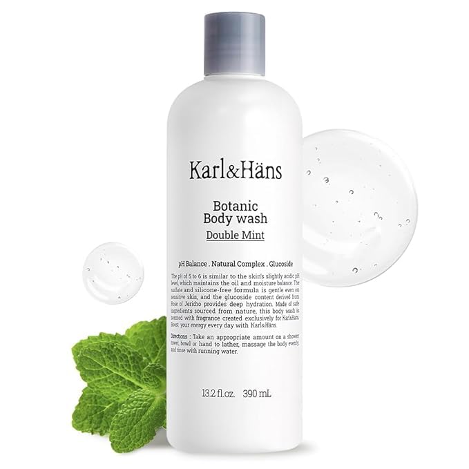 Karl&Häns Botanic Double Mint bottle pour for a refreshing shower start