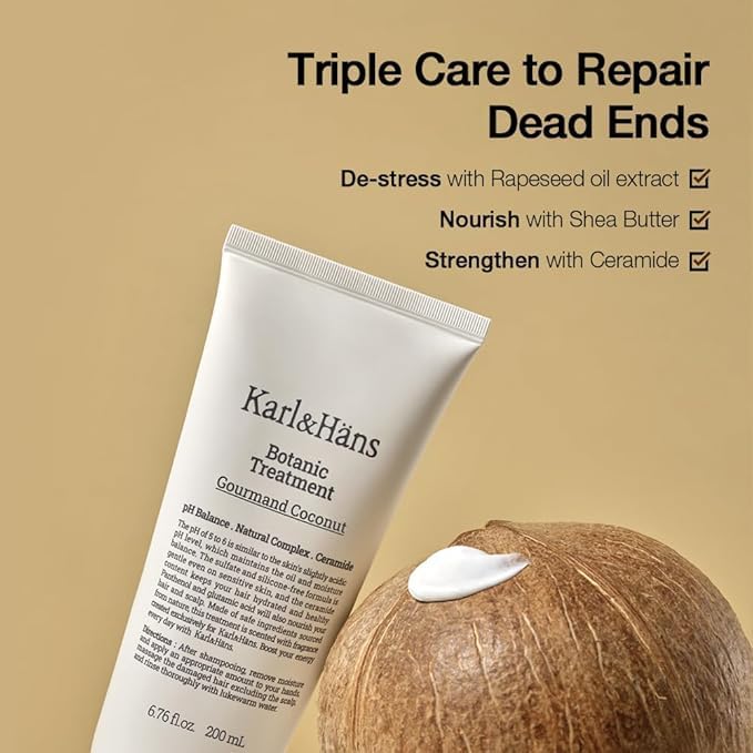 Karl&amp;Häns Botanic Gourmand Coconut Conditioner creamy texture gliding through hair for smooth results.