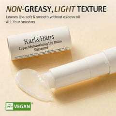 Karl&amp;Häns coconut oil layer demonstrates moisturizing film on lips.