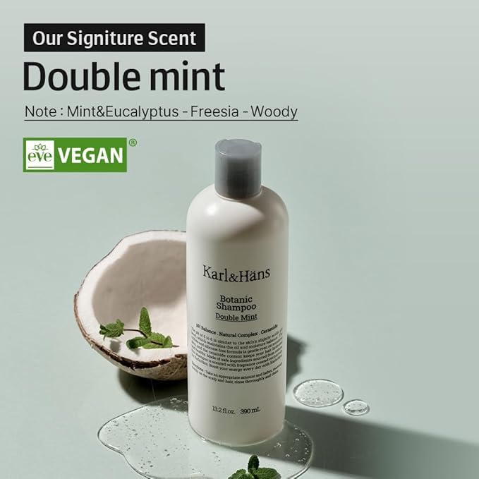Karl&Hans shampoo with peppermint leaves promotes cooling, invigorating scalp care.