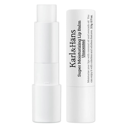 Karl&amp;Häns lip balm bottle shows unscented coconut-avocado formula for lasting hydration.