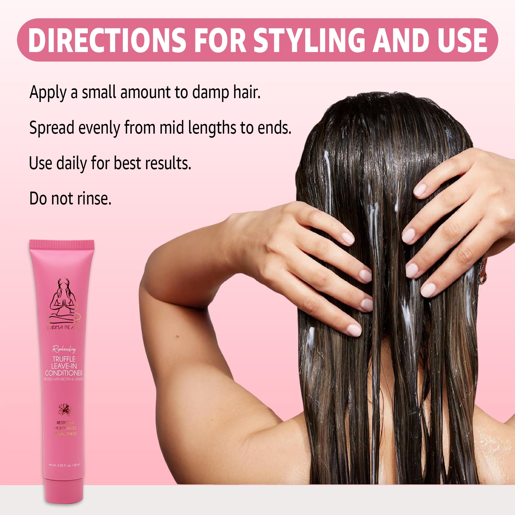Karma Beauty Replenishing Truffle Leave-In texture swirls showcasing smooth, frizz-free hair