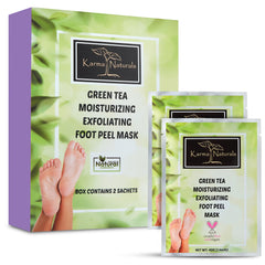 Karma Organic Foot Peel Mask on feet, exfoliates dry skin.