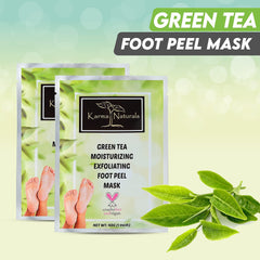 Karma Organic Foot Peel Mask worn on feet for exfoliation.