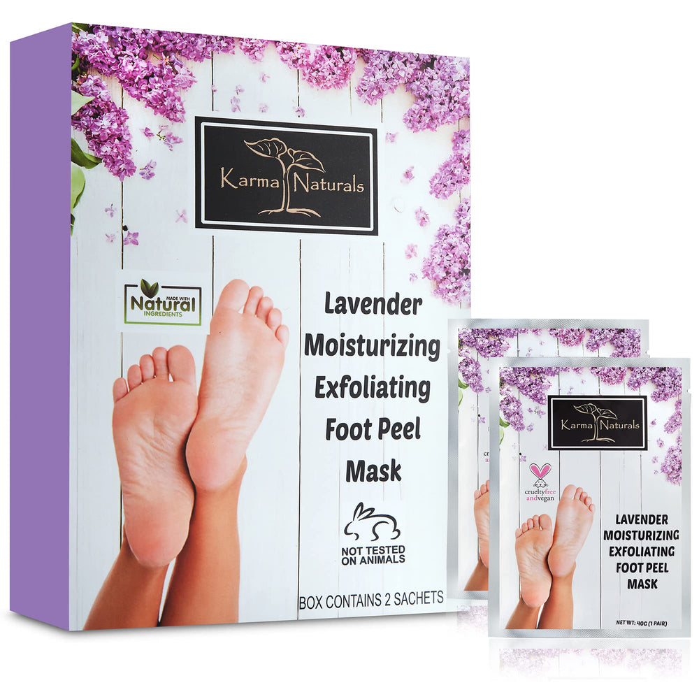 Karma Organic Foot Peel Mask Lavender pack display showing the two-sleeve treatment for smooth feet