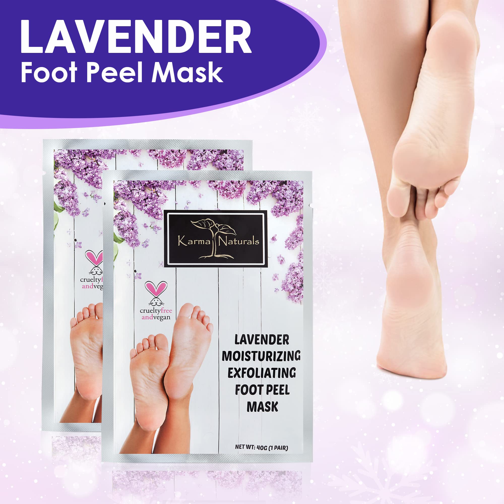 Karma Organic Foot Peel Mask Lavender worn on feet for an easy at-home care