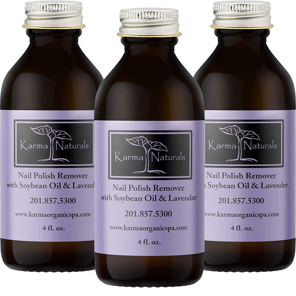 Karma Organic Nail Polish Remover bottle close-up highlights nourishing formula for smoother nails.