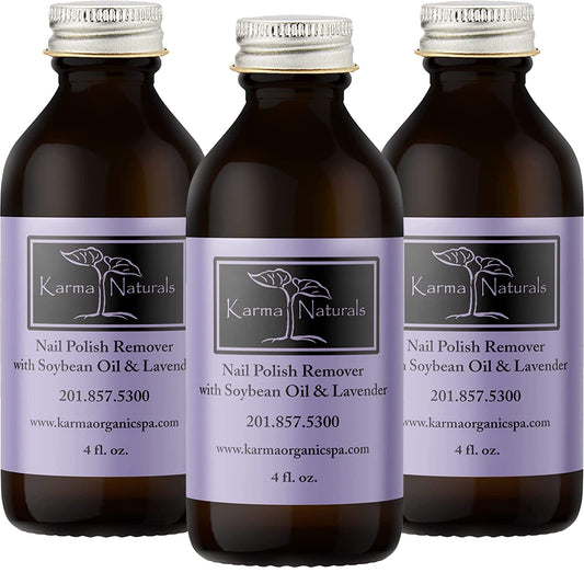 Karma Organic Nail Polish Remover bottle close-up highlights nourishing formula for smoother nails.