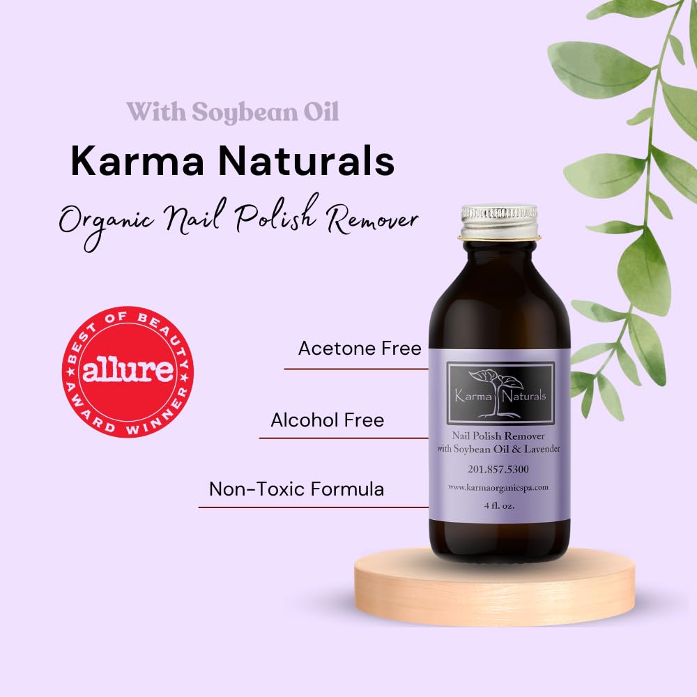 Karma Organic Nail Polish Remover with soybean oil bottle emphasizes gentle, nourishing removal.