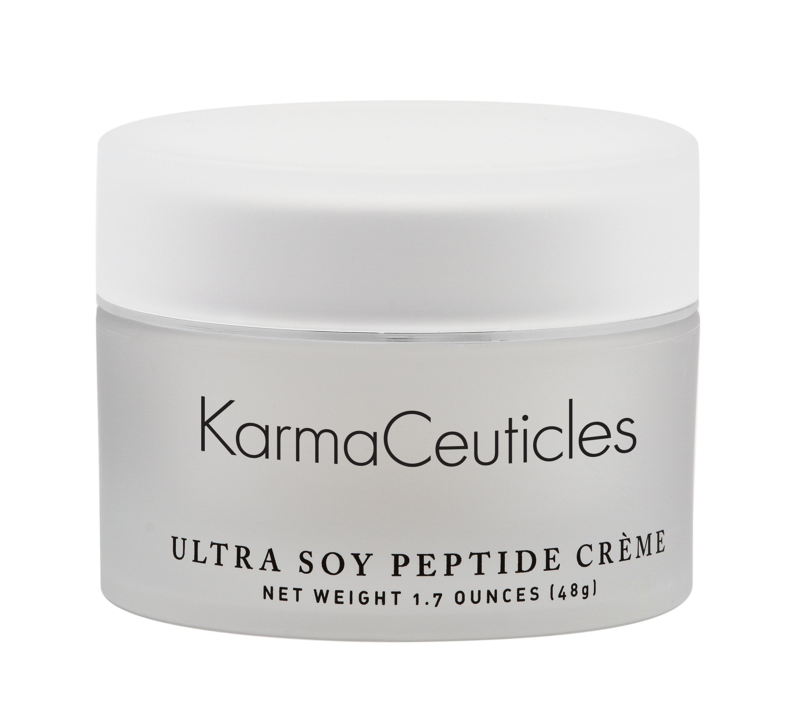 KarmaCeuticles Ultra Soy Peptide Crème jar provides hydrating moisture for dry skin.