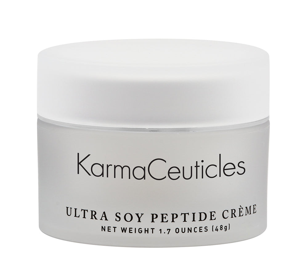 KarmaCeuticles Ultra Soy Peptide Crème jar provides hydrating moisture for dry skin.