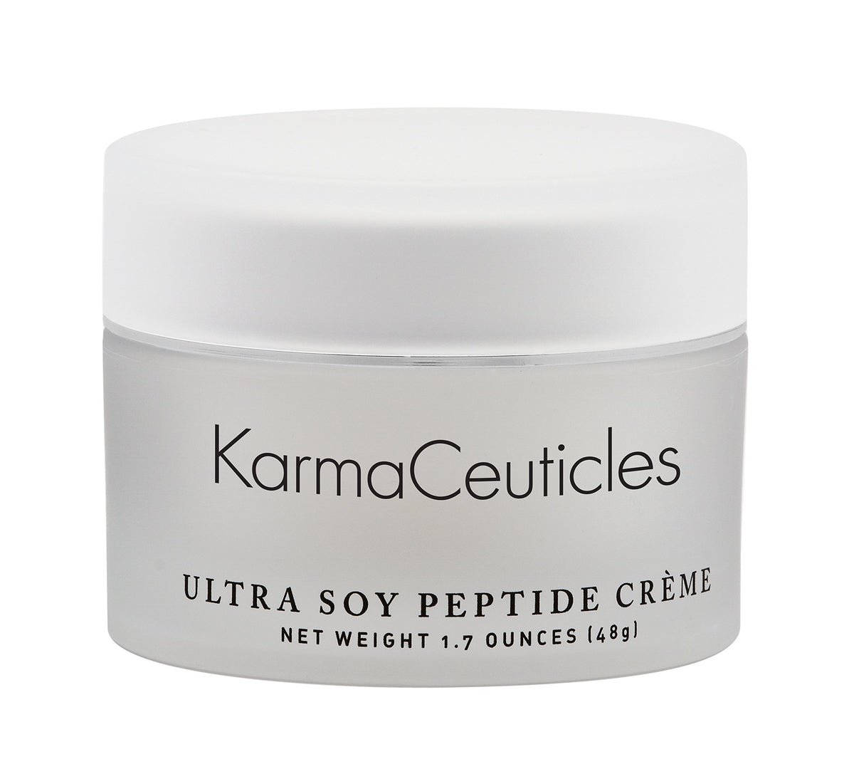 KarmaCeuticles Ultra Soy Peptide Crème jar provides hydrating moisture for dry skin.
