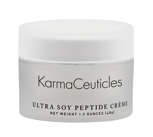 KarmaCeuticles Ultra Soy Peptide Crème jar provides hydrating moisture for dry skin.